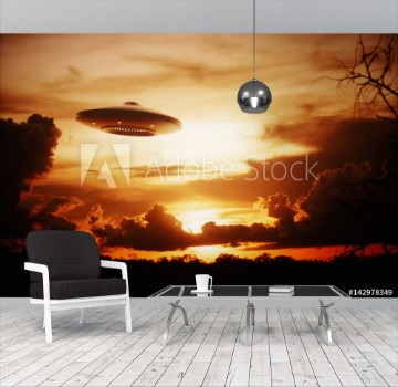 Bild på 3D illustration with photography Alien spaceship under the sunset